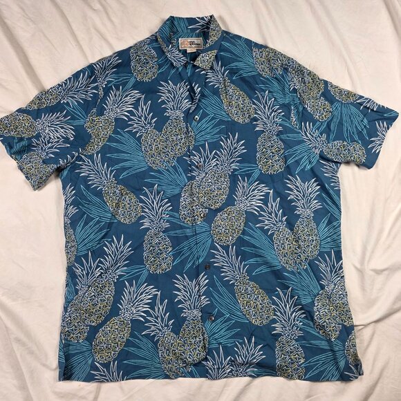 Reyn Spooner Hawaiian Gold Camp Mens Size XL Blue Pineapple Print Shirt Casual - Picture 1 of 8